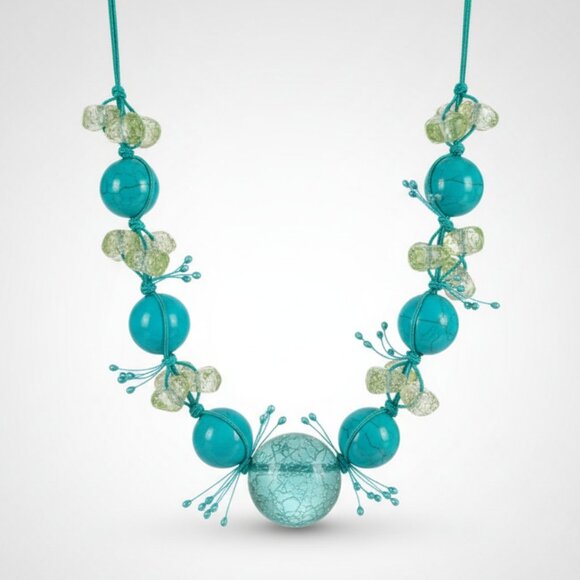 Blue Turquoise Color Beaded Cord Necklace Adjustable Silver Tone Statement - Picture 1 of 6